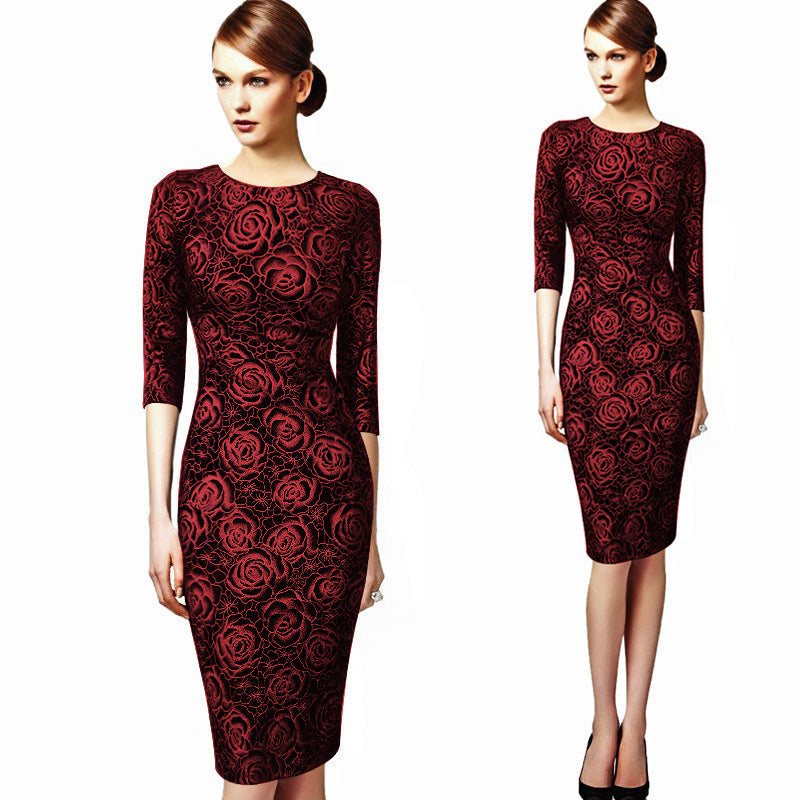 Women Round Neck Flower Printed Pencil Dress Red