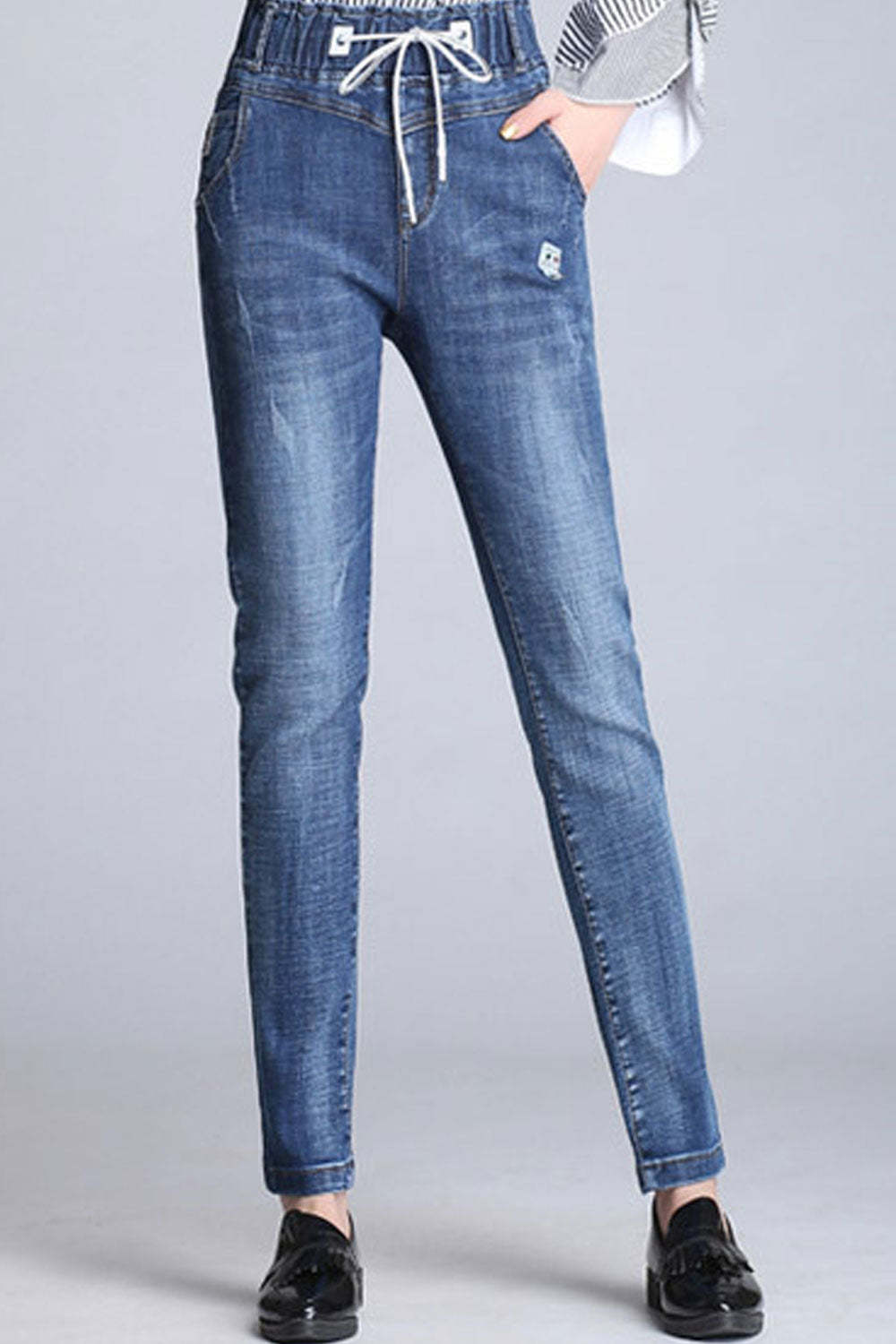 Women Elastic Cord Waist Long Jeans