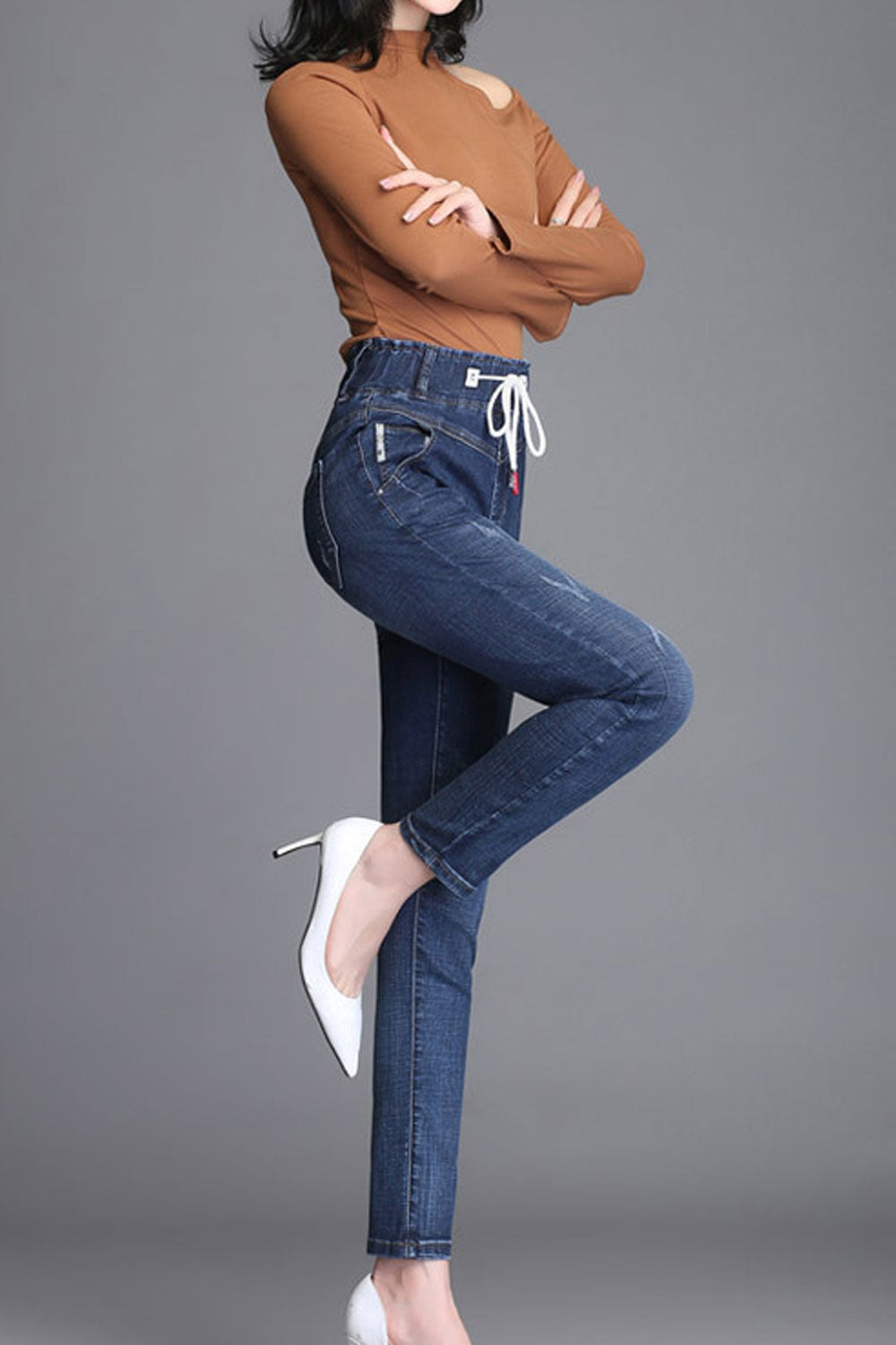 Women Elastic Cord Waist Long Jeans