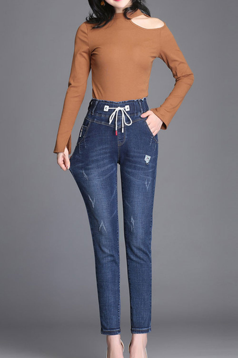 Women Elastic Cord Waist Long Jeans