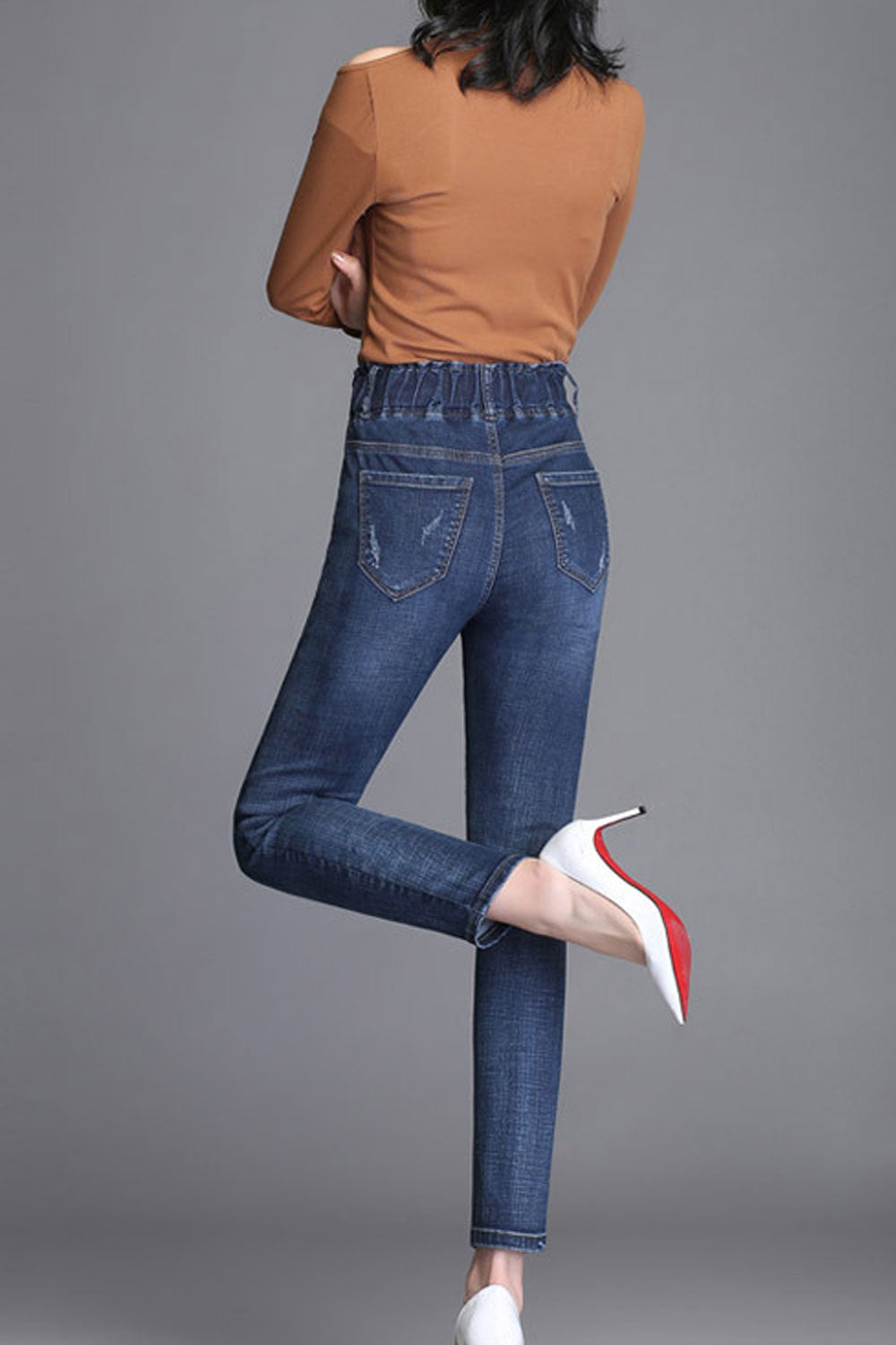 Women Elastic Cord Waist Long Jeans