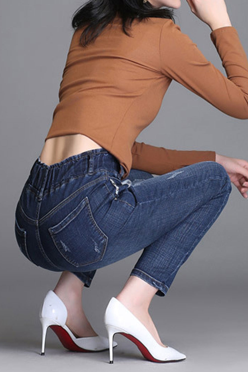 Women Elastic Cord Waist Long Jeans