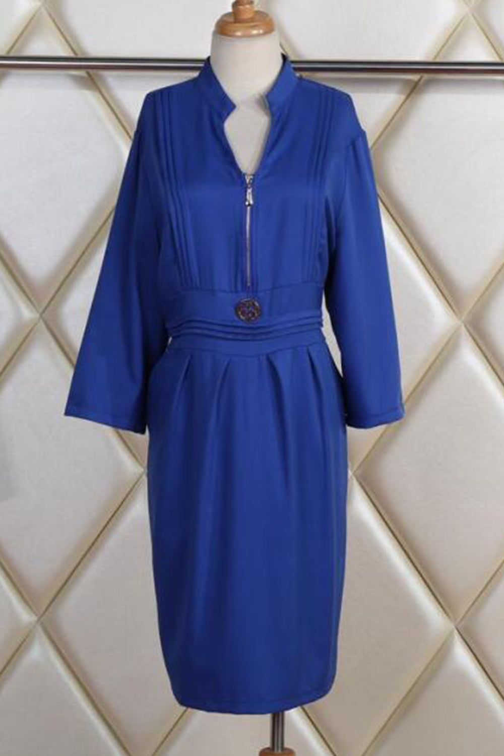 Women Sheath Style Collar Neck Side Pockets Dress