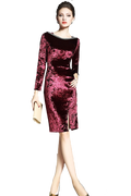 Zumeet Women Sheath Style Velvet Slit Dress Red