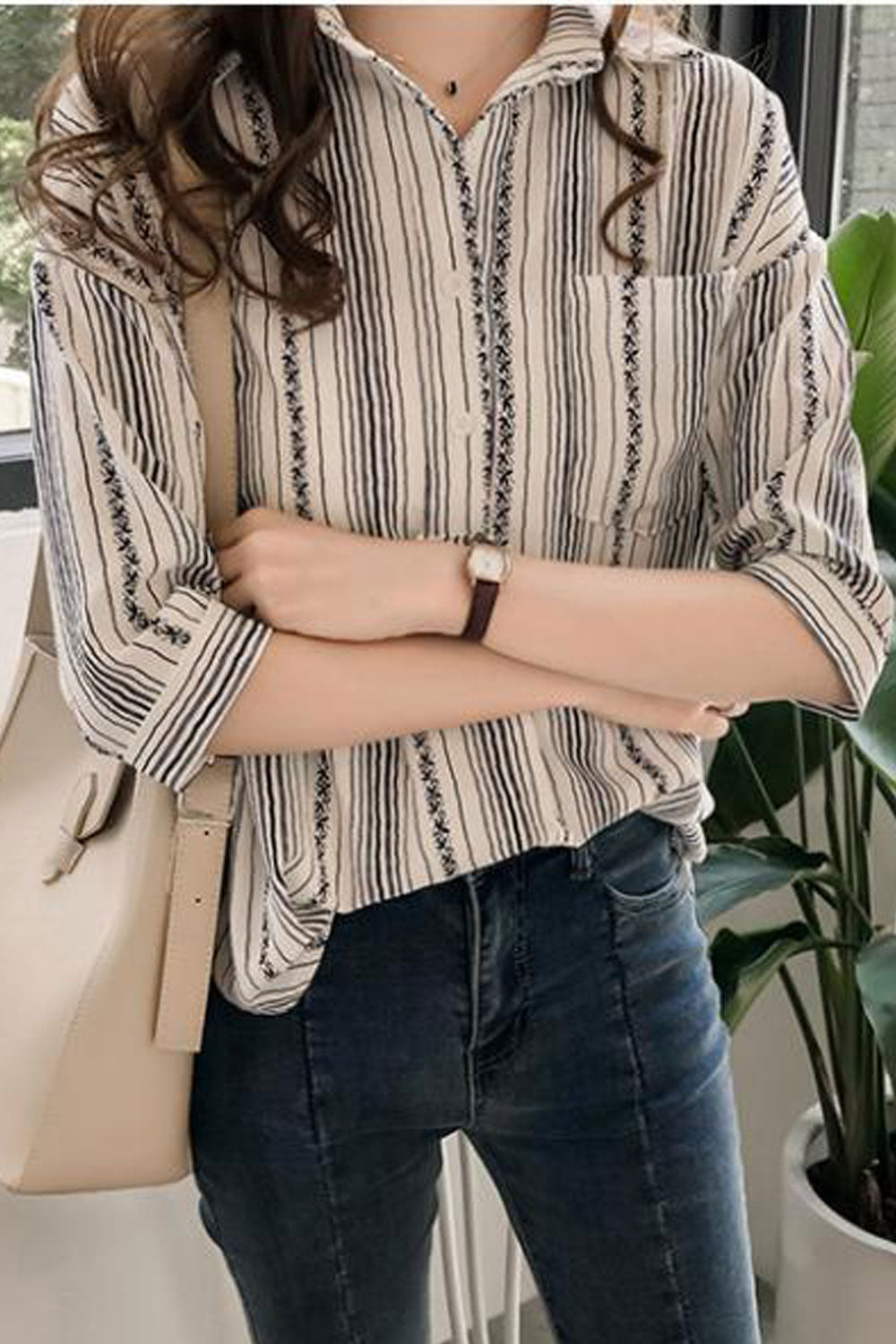 Women Loose One Pocket Button Down Casual Shirt