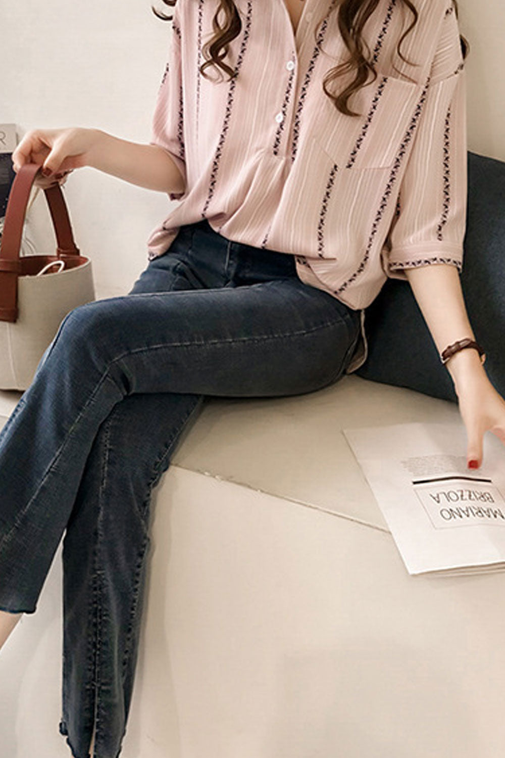 Women Loose One Pocket Button Down Casual Shirt