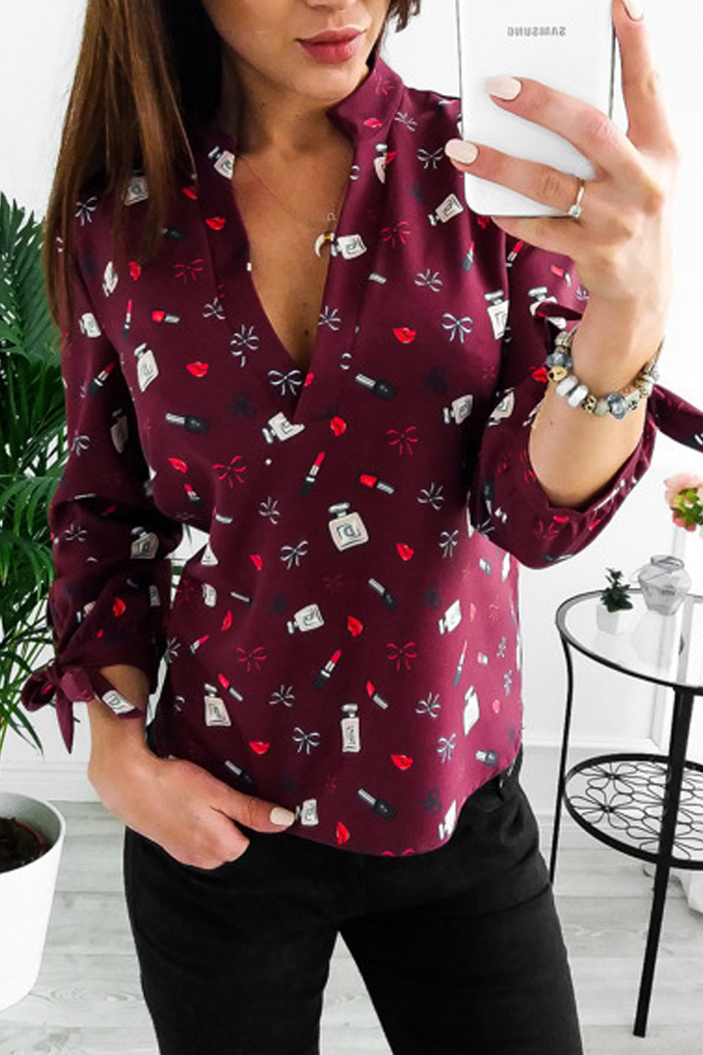 Women V-Neck Printed Long Sleeve Holidays Shirt
