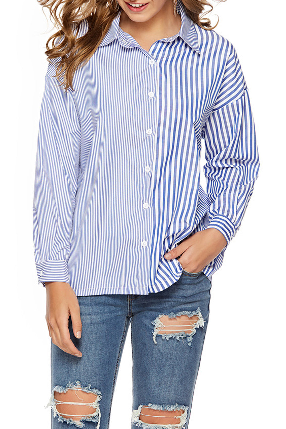 Women Button Down Collar Neck Striped Casual Shirt
