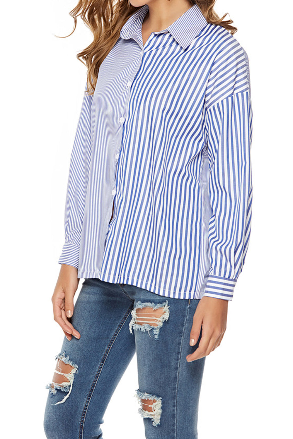 Women Button Down Collar Neck Striped Casual Shirt