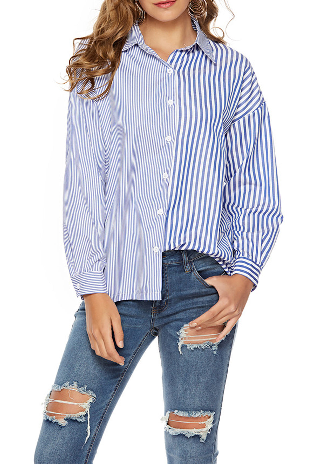 Women Button Down Collar Neck Striped Casual Shirt