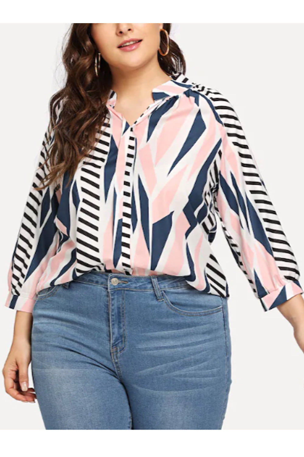 Women Small Collar Neck Stripes Shirt