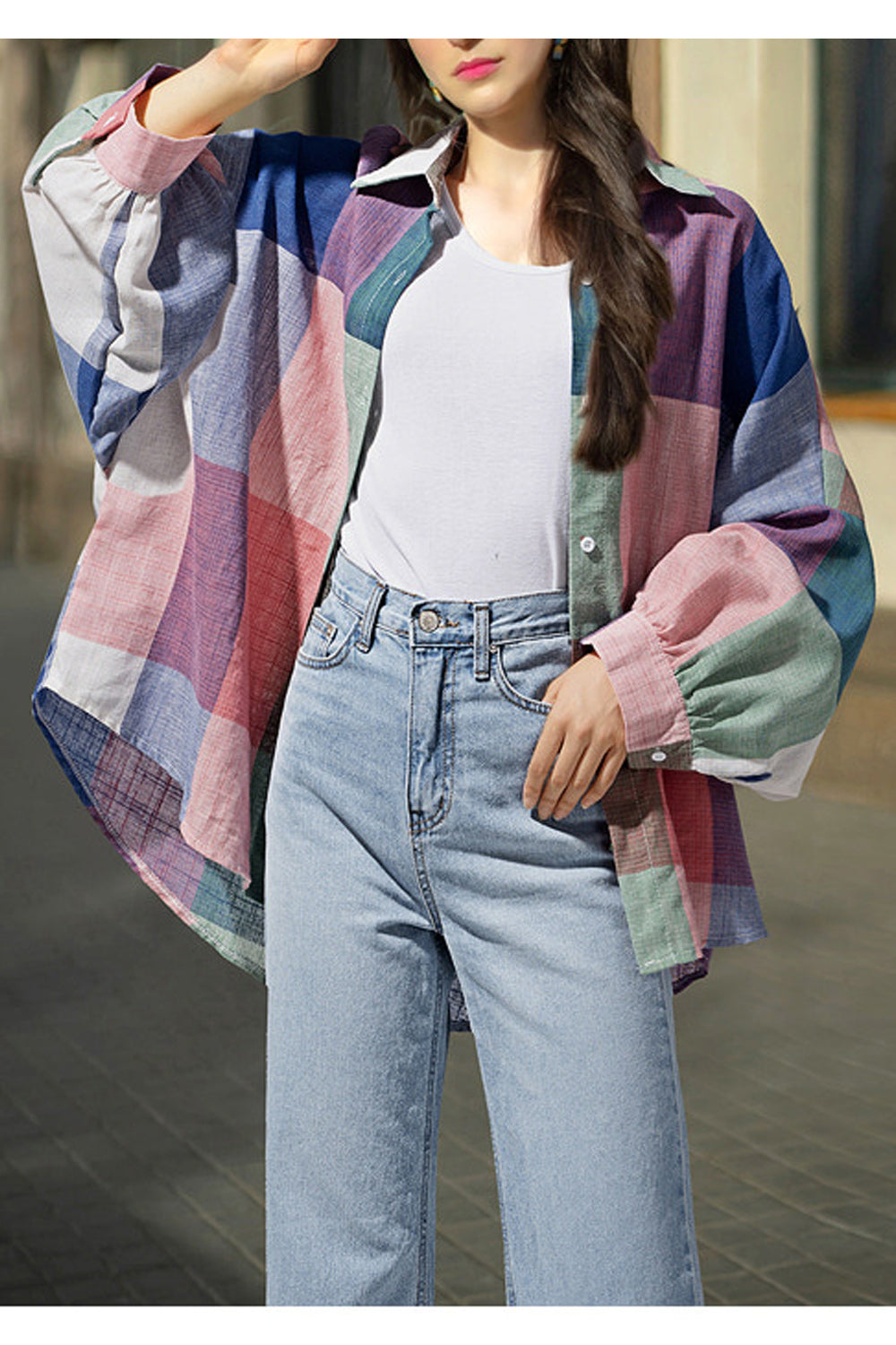 Women Long Loose Sleeve Button Closure Shirt