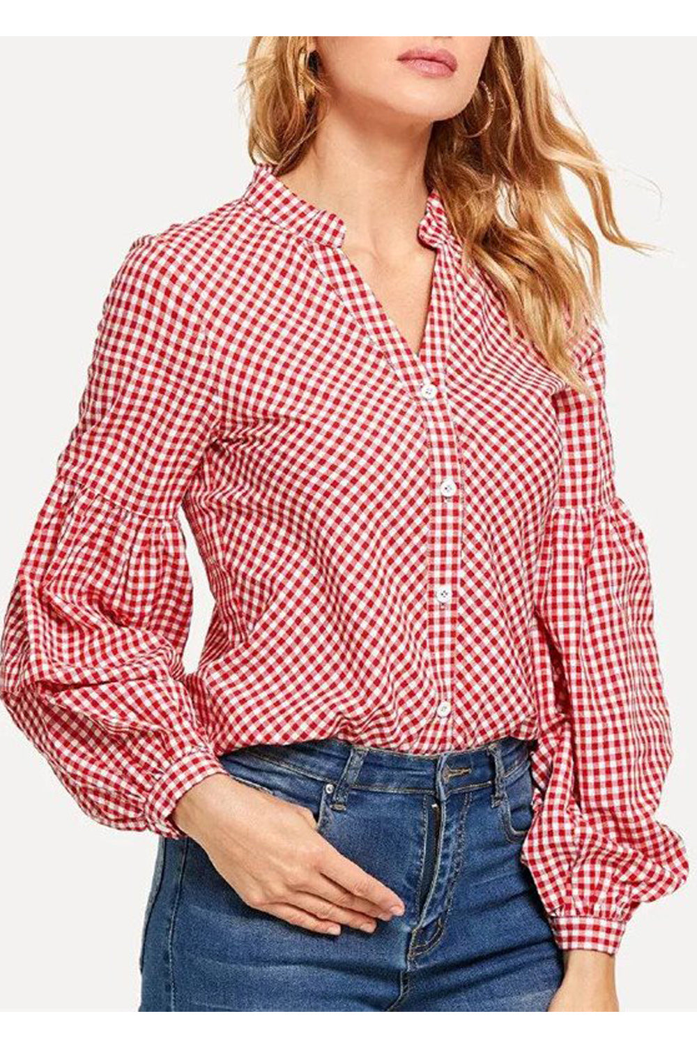 Women Plaid Pattern Long Sleeve Button Closure Shirt