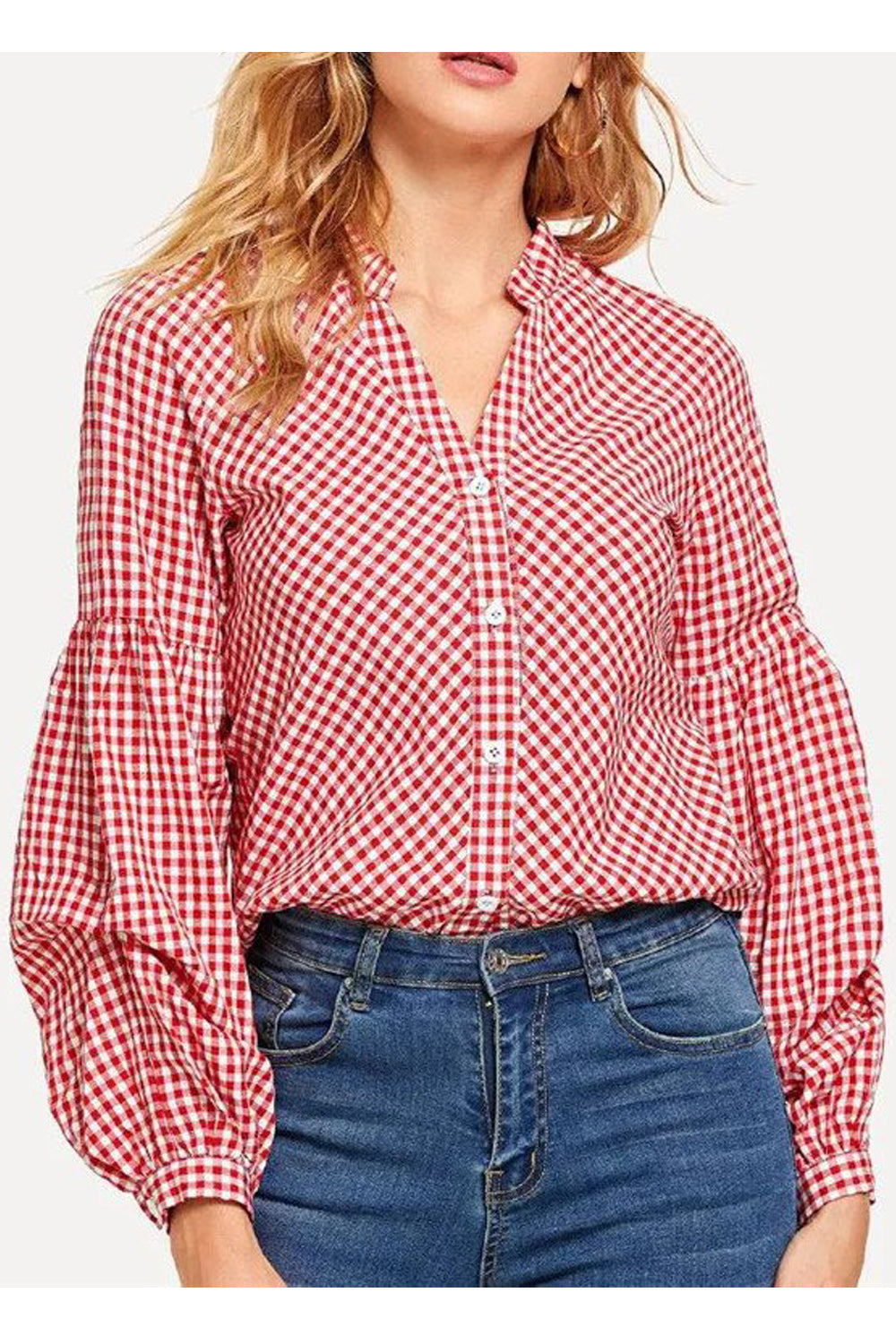 Women Plaid Pattern Long Sleeve Button Closure Shirt