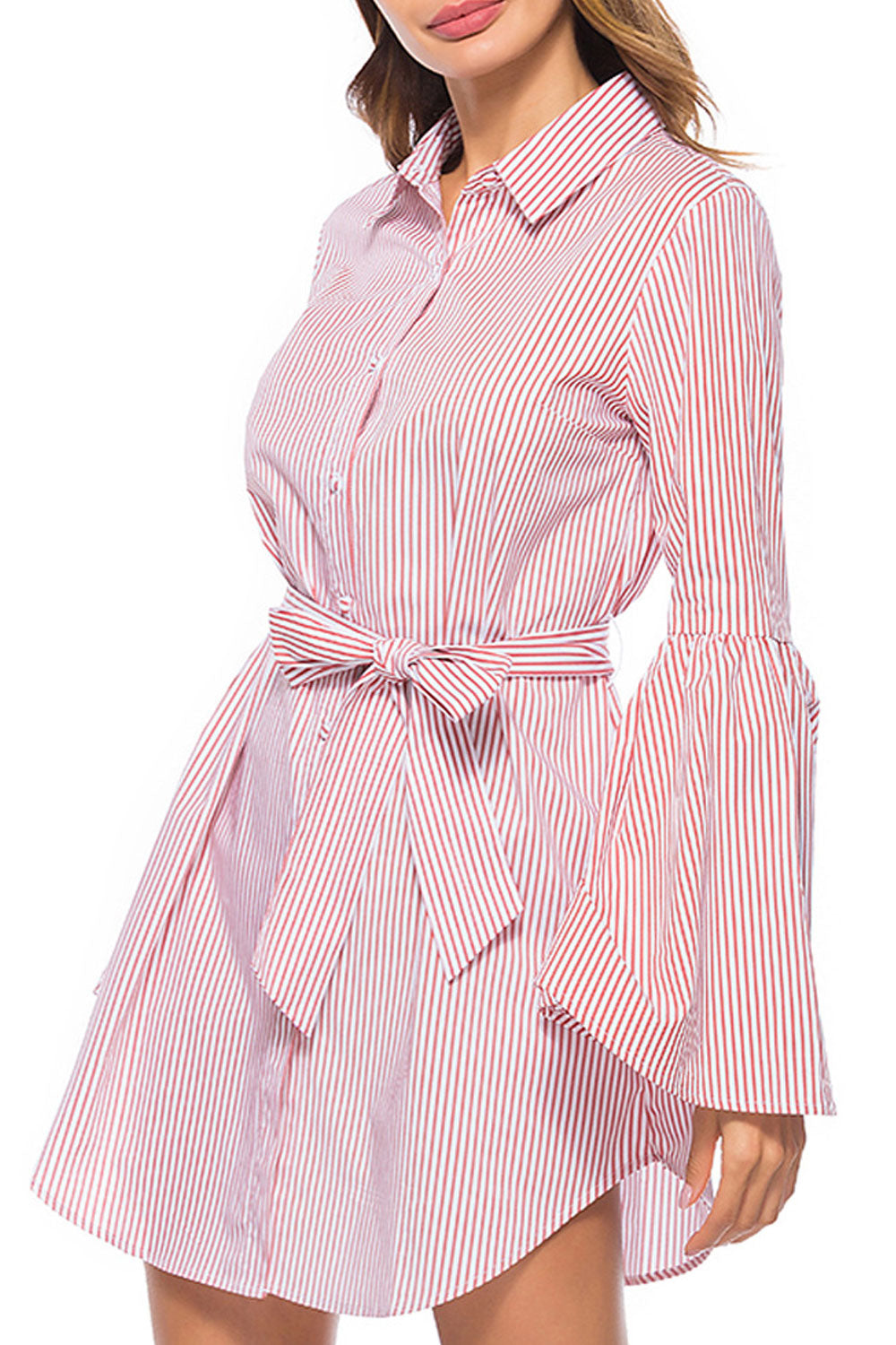 Women Long Flared Sleeve Stripe Pattern Stylish Shirt