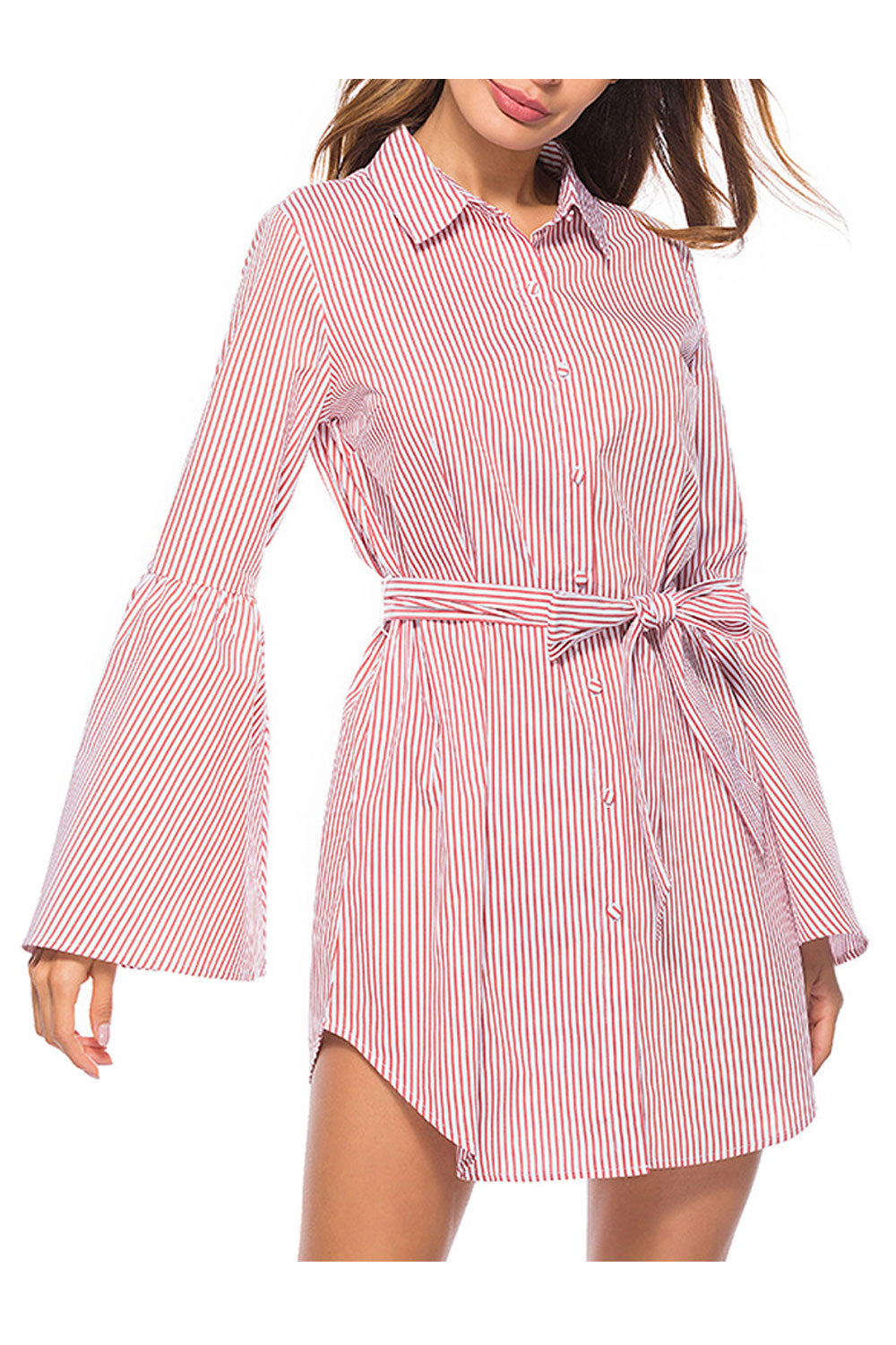 Women Long Flared Sleeve Stripe Pattern Stylish Shirt