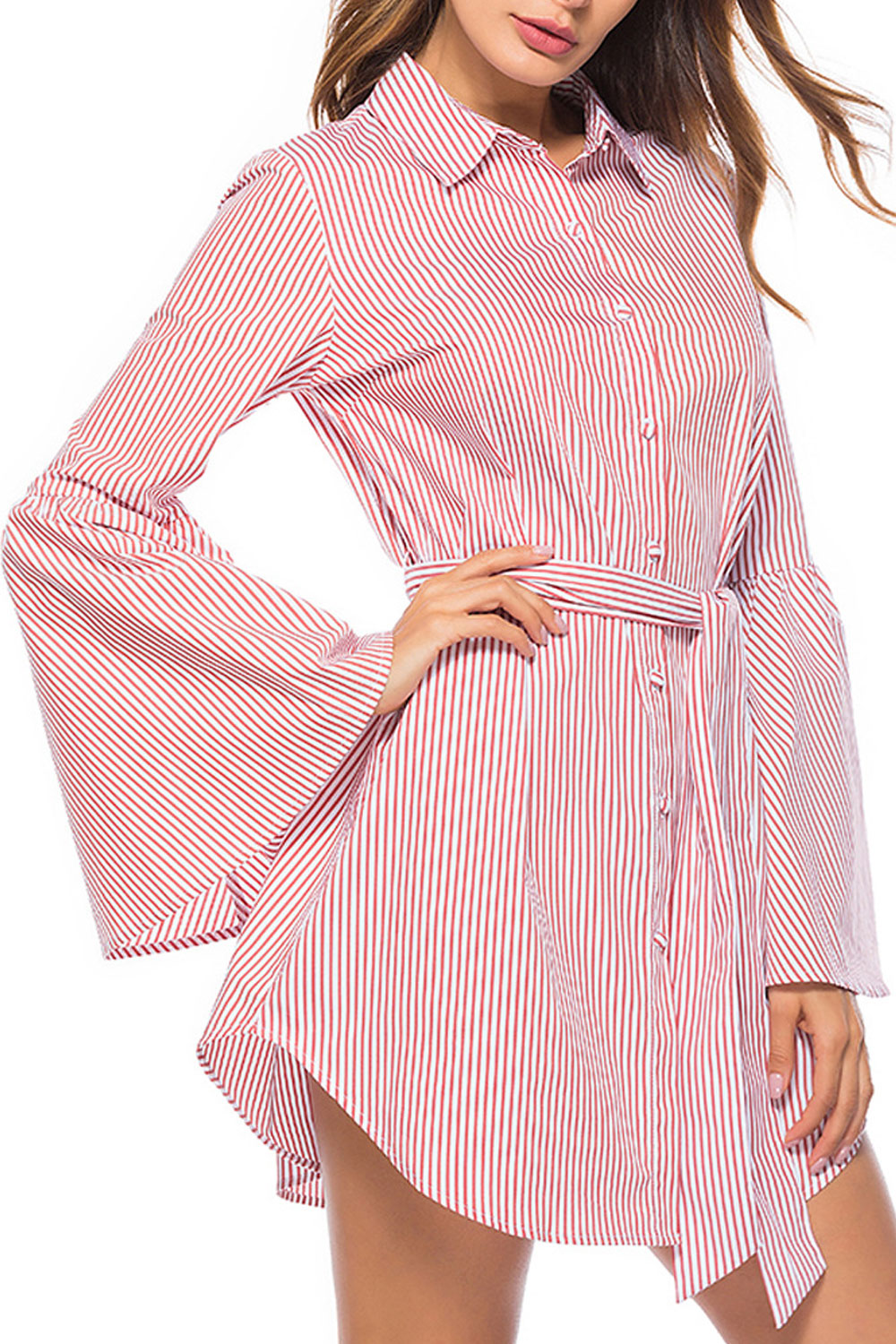 Women Long Flared Sleeve Stripe Pattern Stylish Shirt
