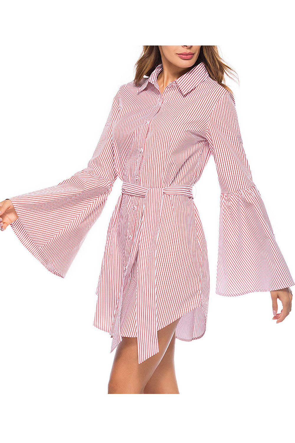 Women Long Flared Sleeve Stripe Pattern Stylish Shirt