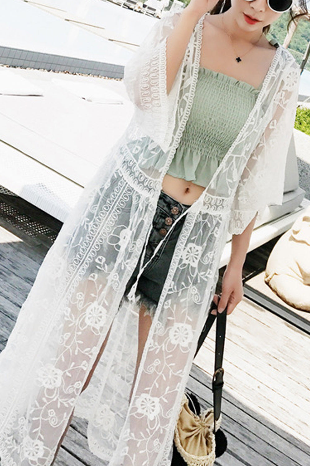 Women Sweet Full Length Embroidered Beach Cover-Up