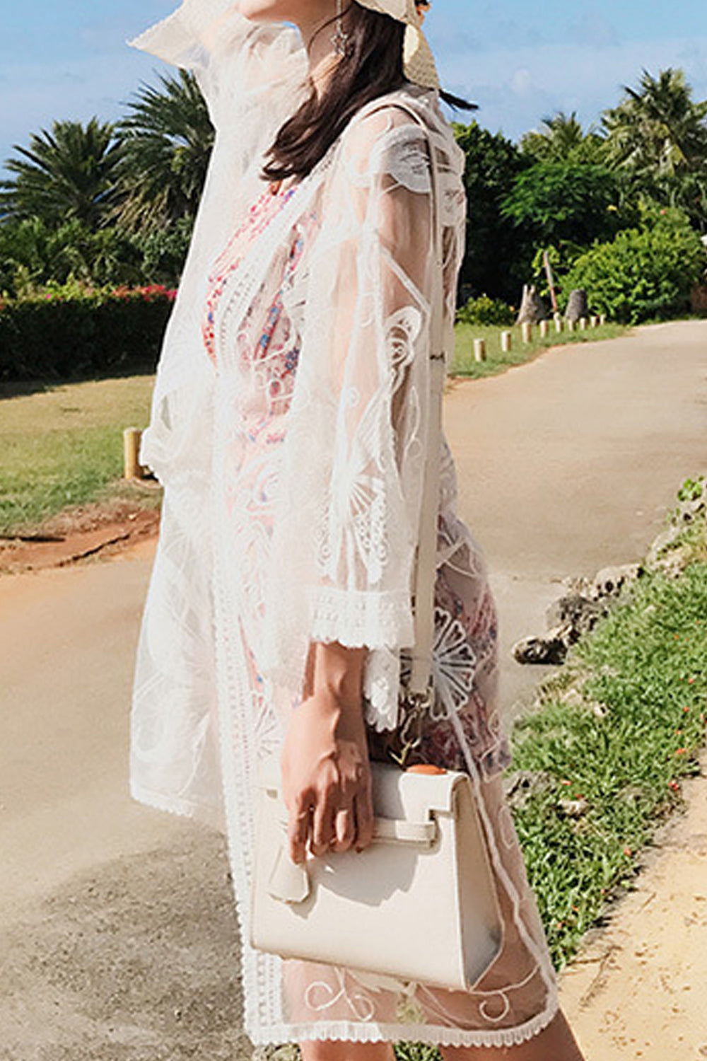 Women Solid Colored Tie Waist Hollow Embroidered Beach Cover-Up