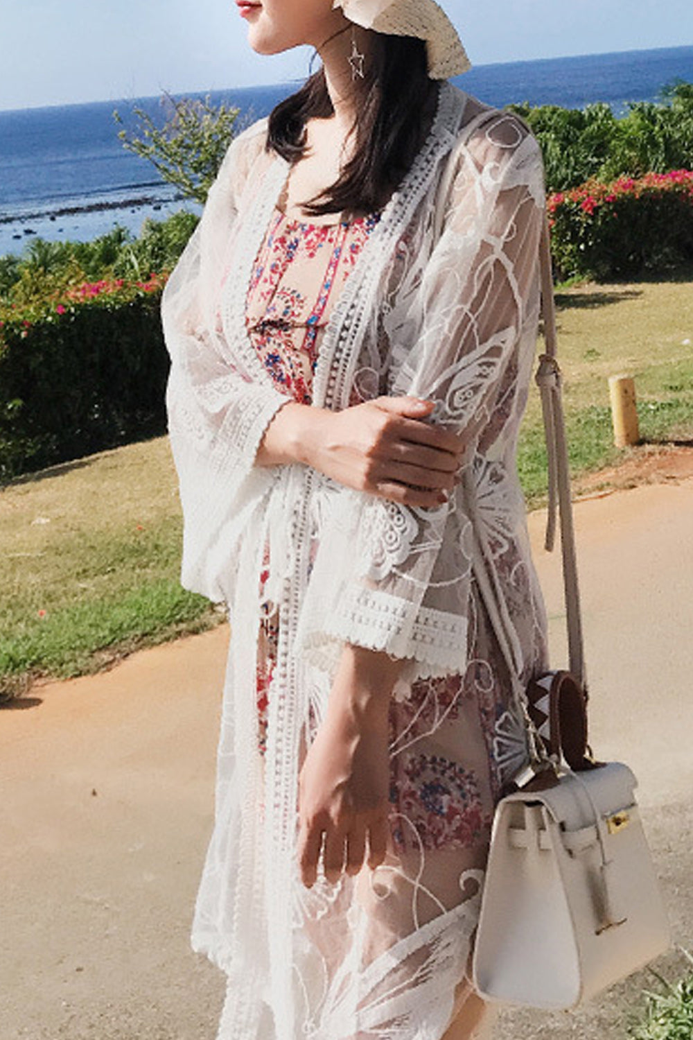Women Solid Colored Tie Waist Hollow Embroidered Beach Cover-Up