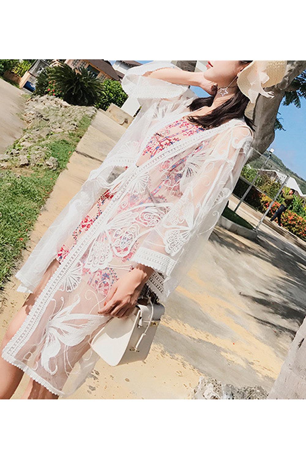 Women Solid Colored Tie Waist Hollow Embroidered Beach Cover-Up