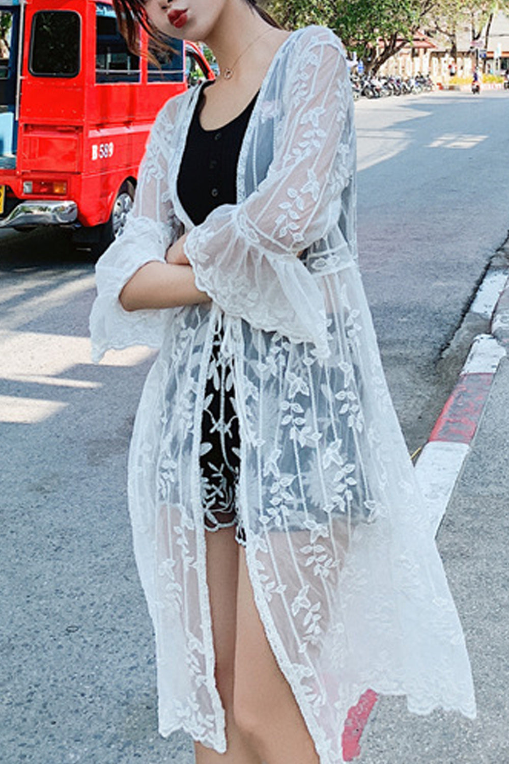 Women Flared Sleeve Lace Decorated Beach Cover-Up