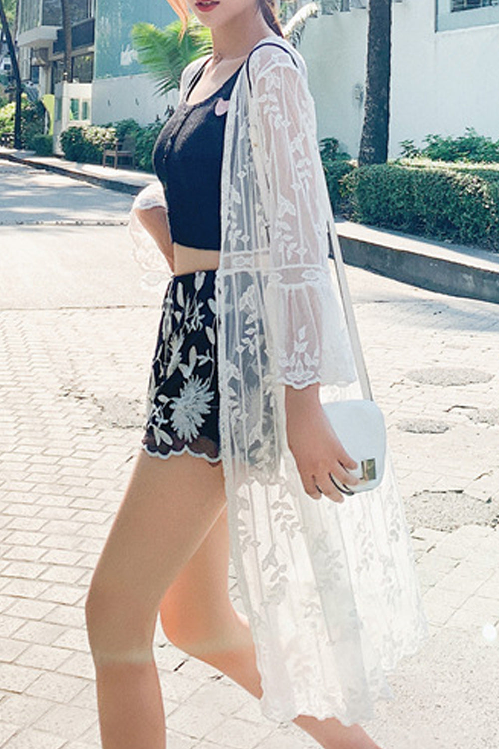 Women Flared Sleeve Lace Decorated Beach Cover-Up