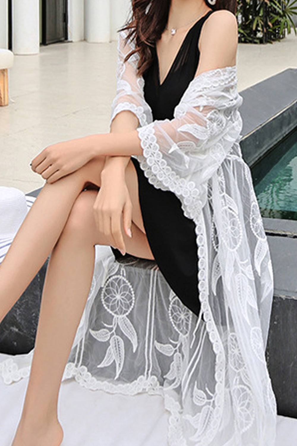 Women Solid Colored Beautiful Embroidered Full Length Beach Cover-Up