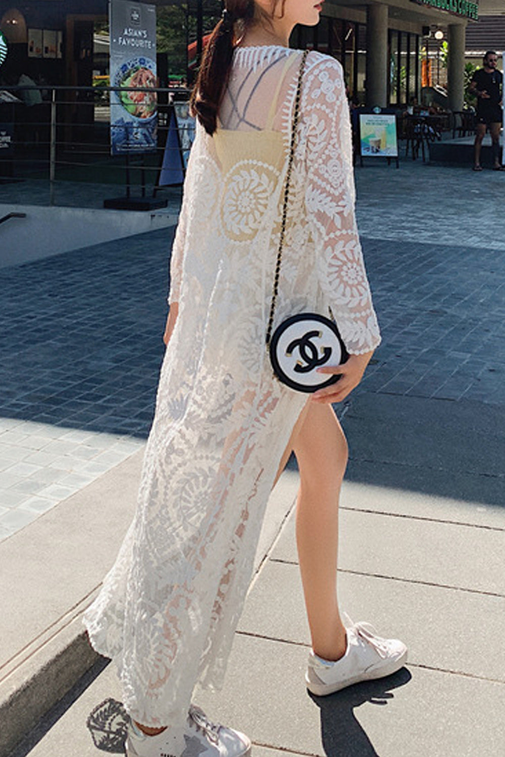 Women Solid Colored Long Sleeve Tie Knot Embroidered Beach Cover-Up