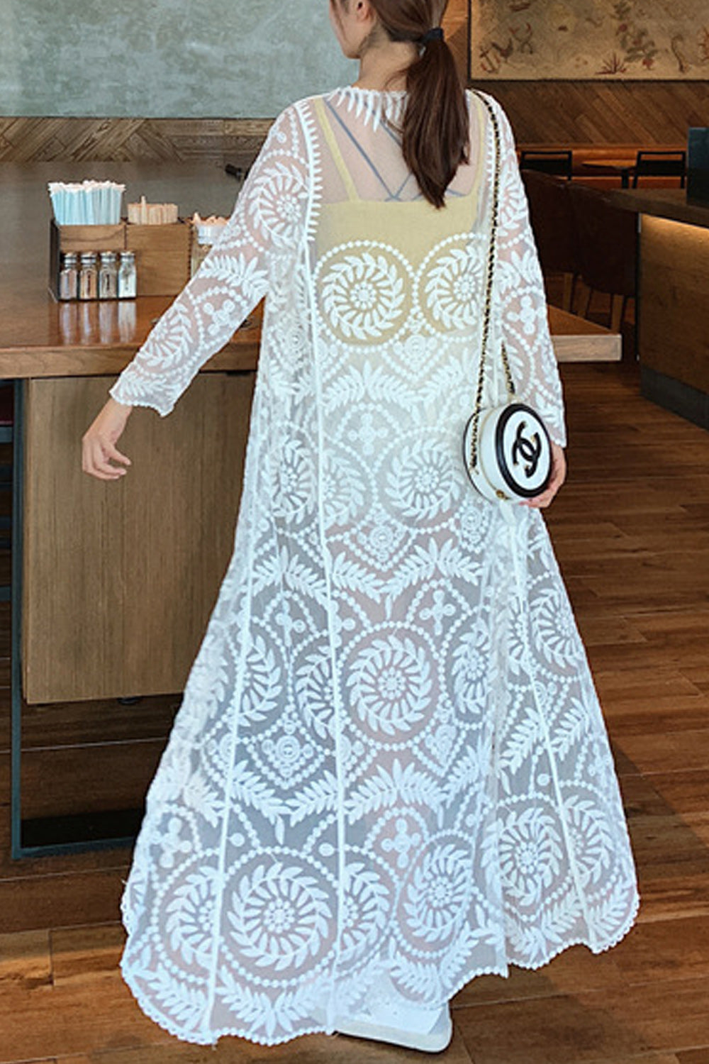 Women Solid Colored Long Sleeve Tie Knot Embroidered Beach Cover-Up