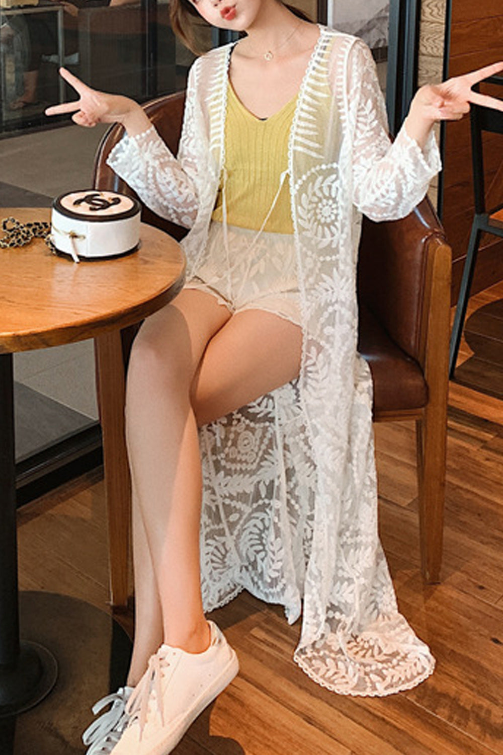 Women Solid Colored Long Sleeve Tie Knot Embroidered Beach Cover-Up