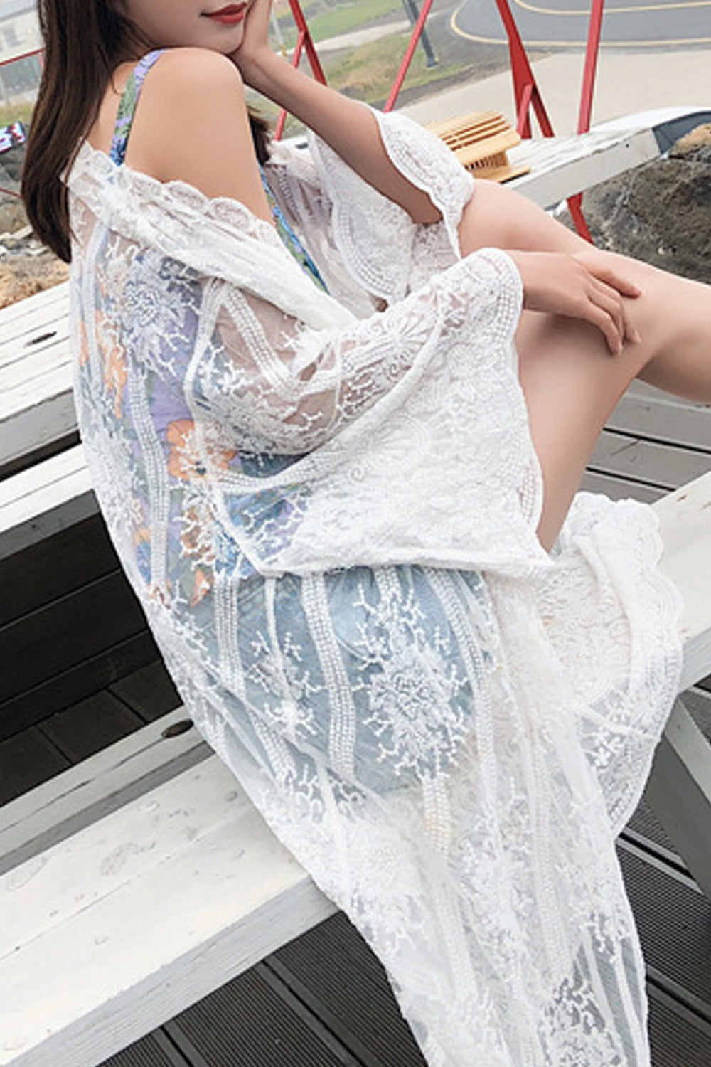 Women Pretty Lace Cardigan Tie Waist Beach Cover-Up
