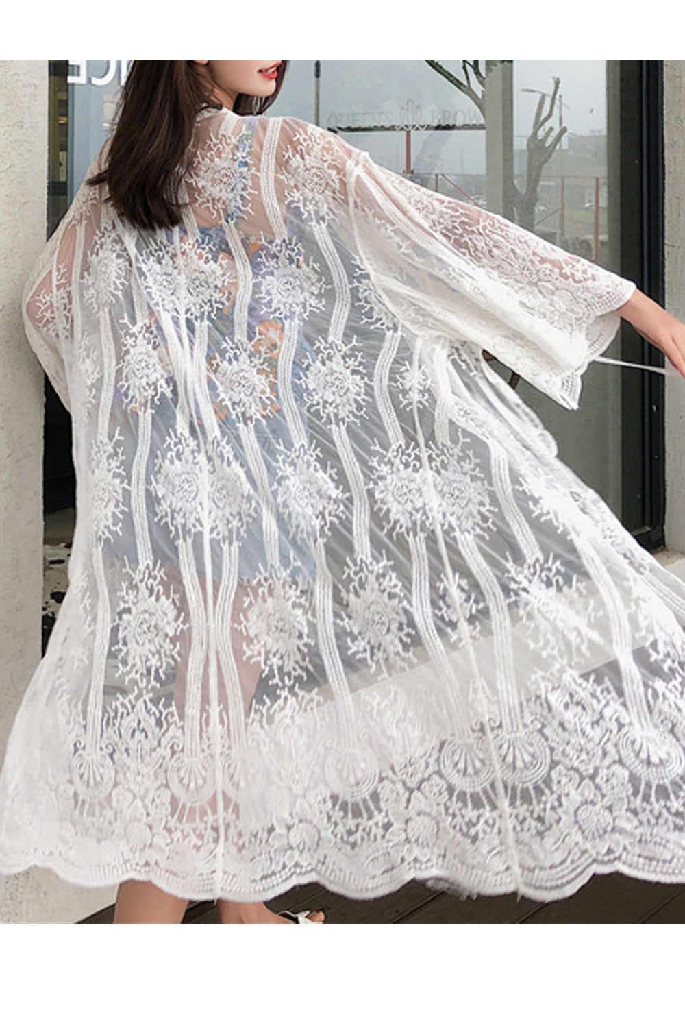Women Pretty Lace Cardigan Tie Waist Beach Cover-Up
