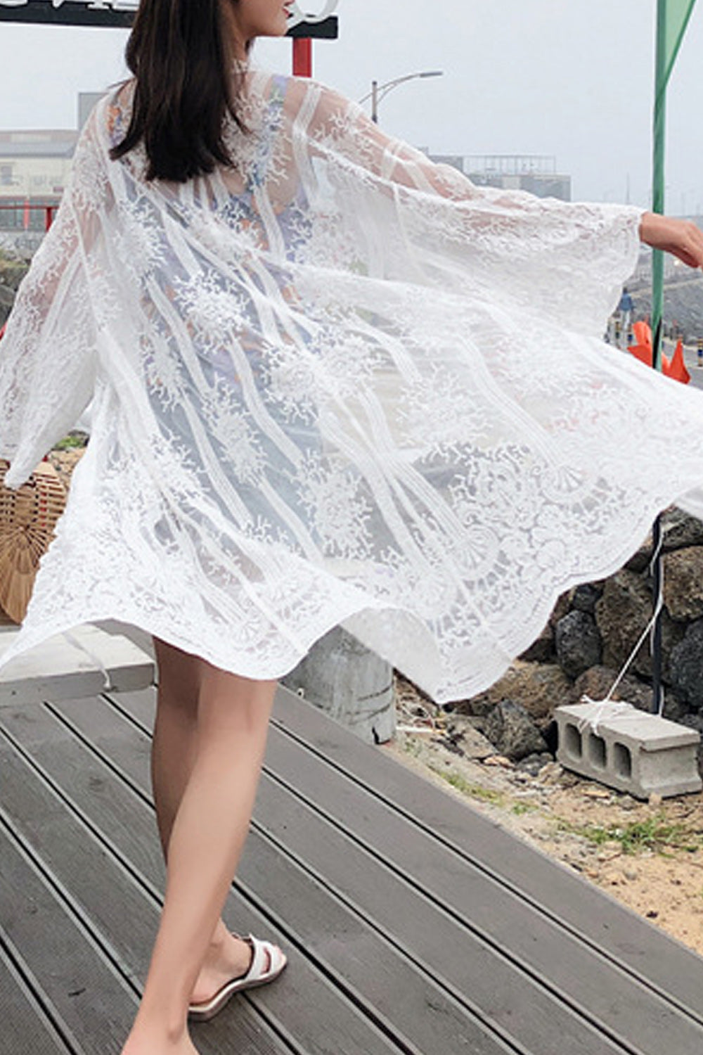 Women Beautiful Lace Cardigan Solid Colored Beach Cover-Up