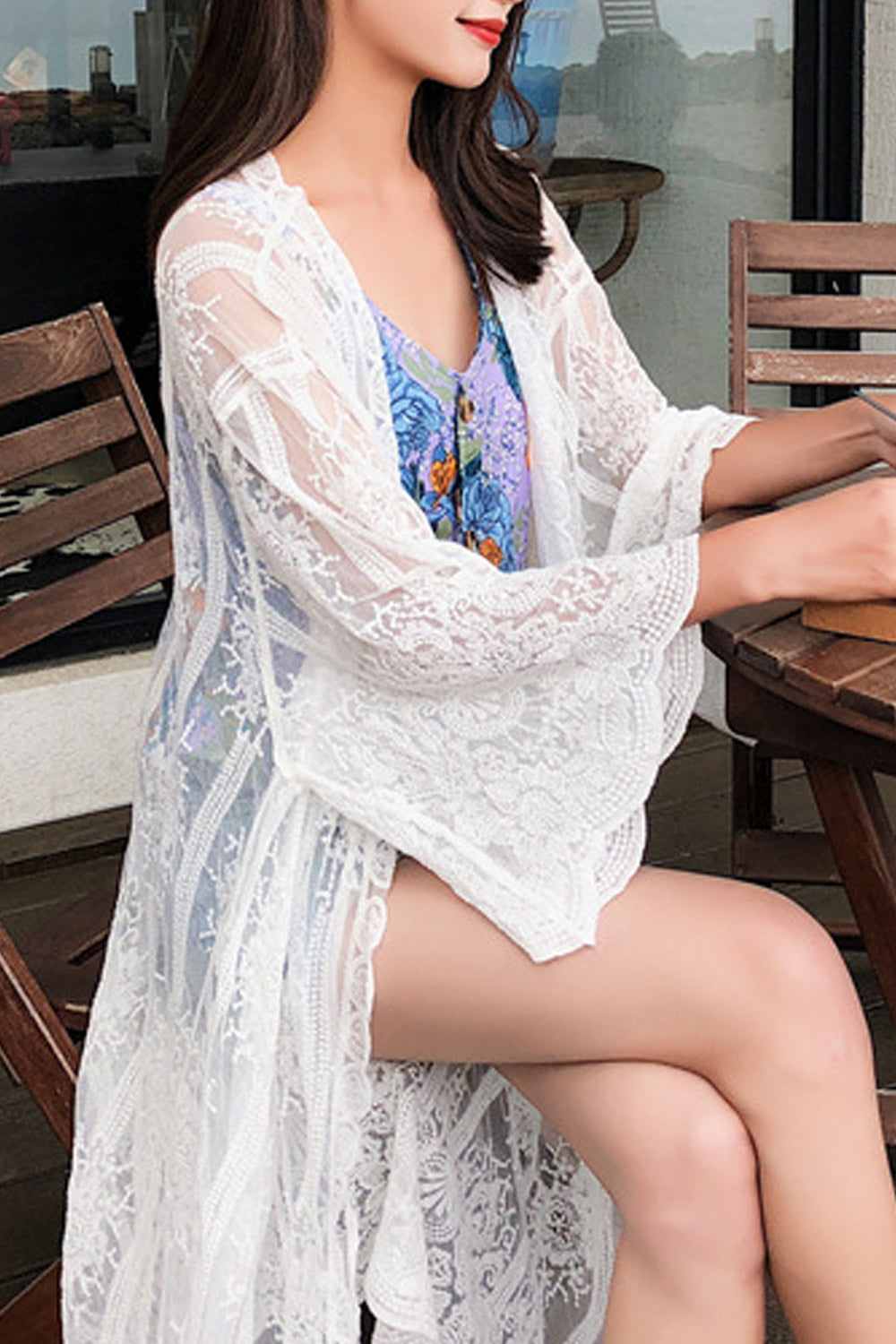Women Beautiful Lace Cardigan Solid Colored Beach Cover-Up