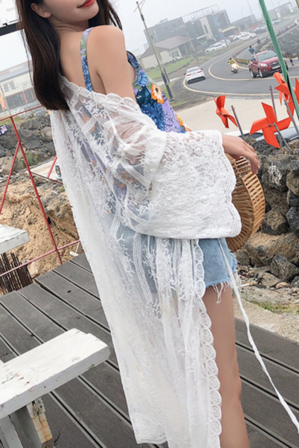 Women Beautiful Lace Cardigan Solid Colored Beach Cover-Up