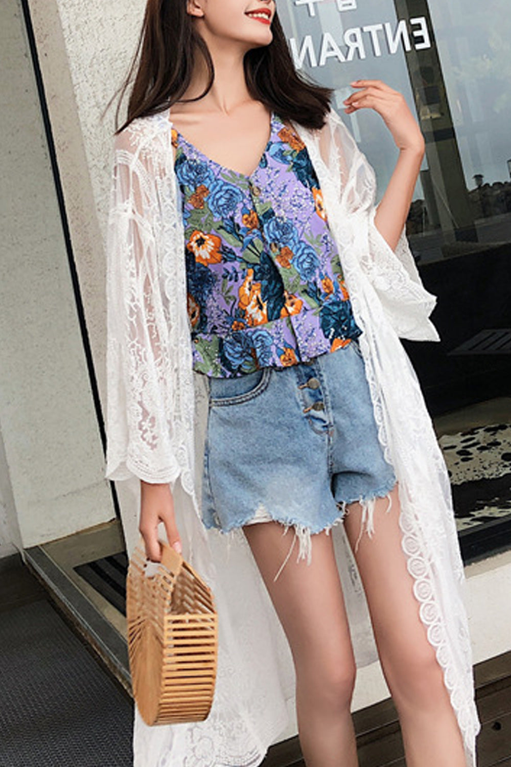 Women Beautiful Lace Cardigan Solid Colored Beach Cover-Up