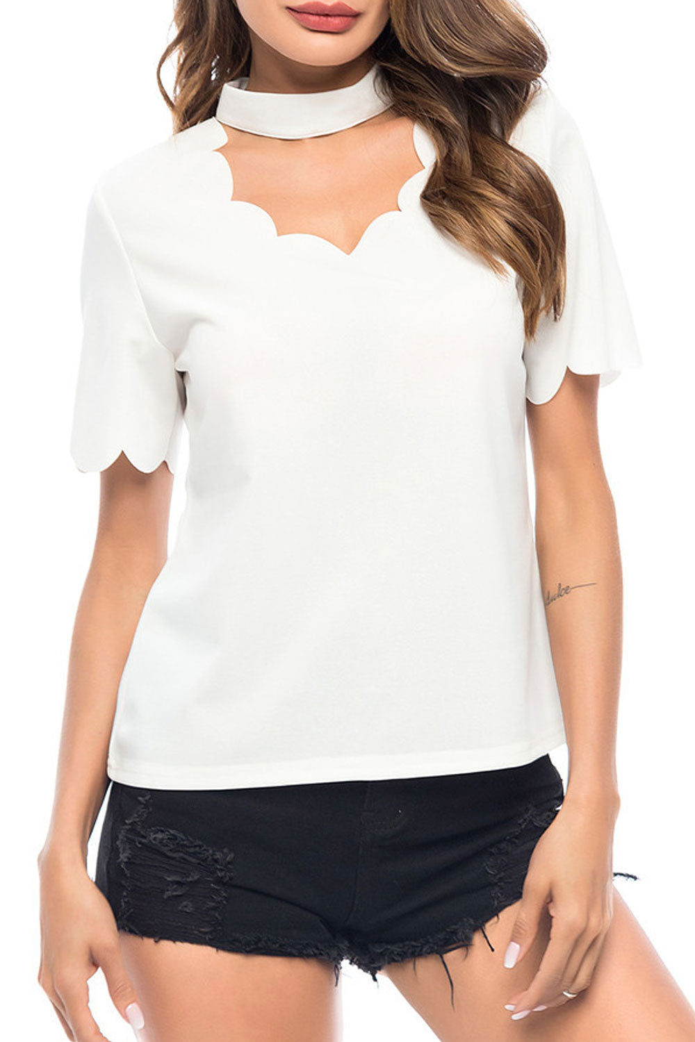 Women Solid Pattern Stylish Neck Collar Top