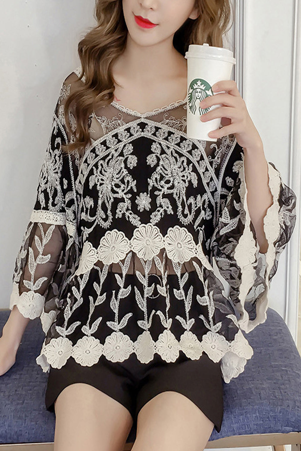Women Flower Embroidered Trumpet Sleeve Beach Cover-Up