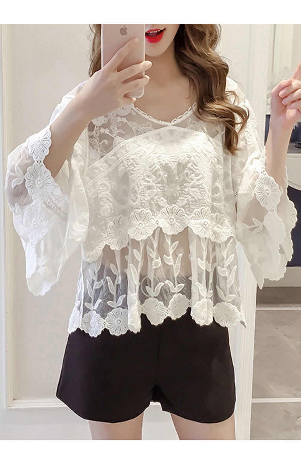 Women Flower Embroidered Trumpet Sleeve Beach Cover-Up