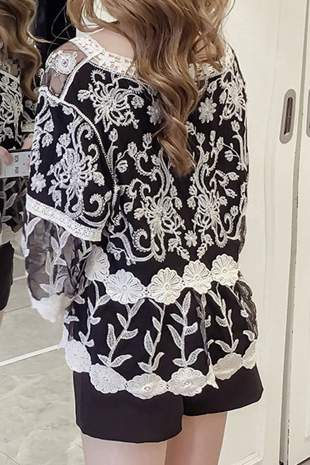 Women Flower Embroidered Trumpet Sleeve Beach Cover-Up