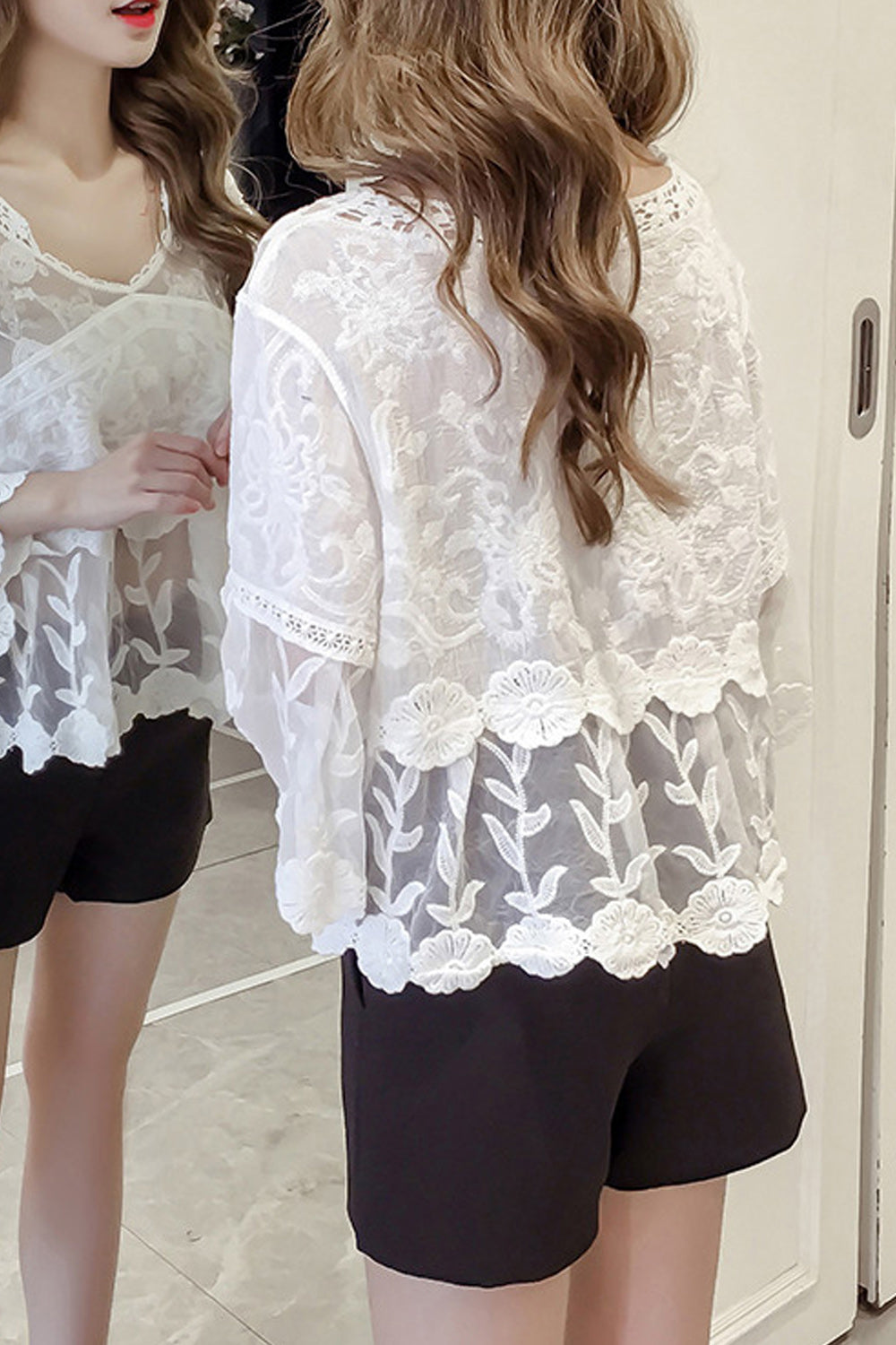 Women Flower Embroidered Trumpet Sleeve Beach Cover-Up