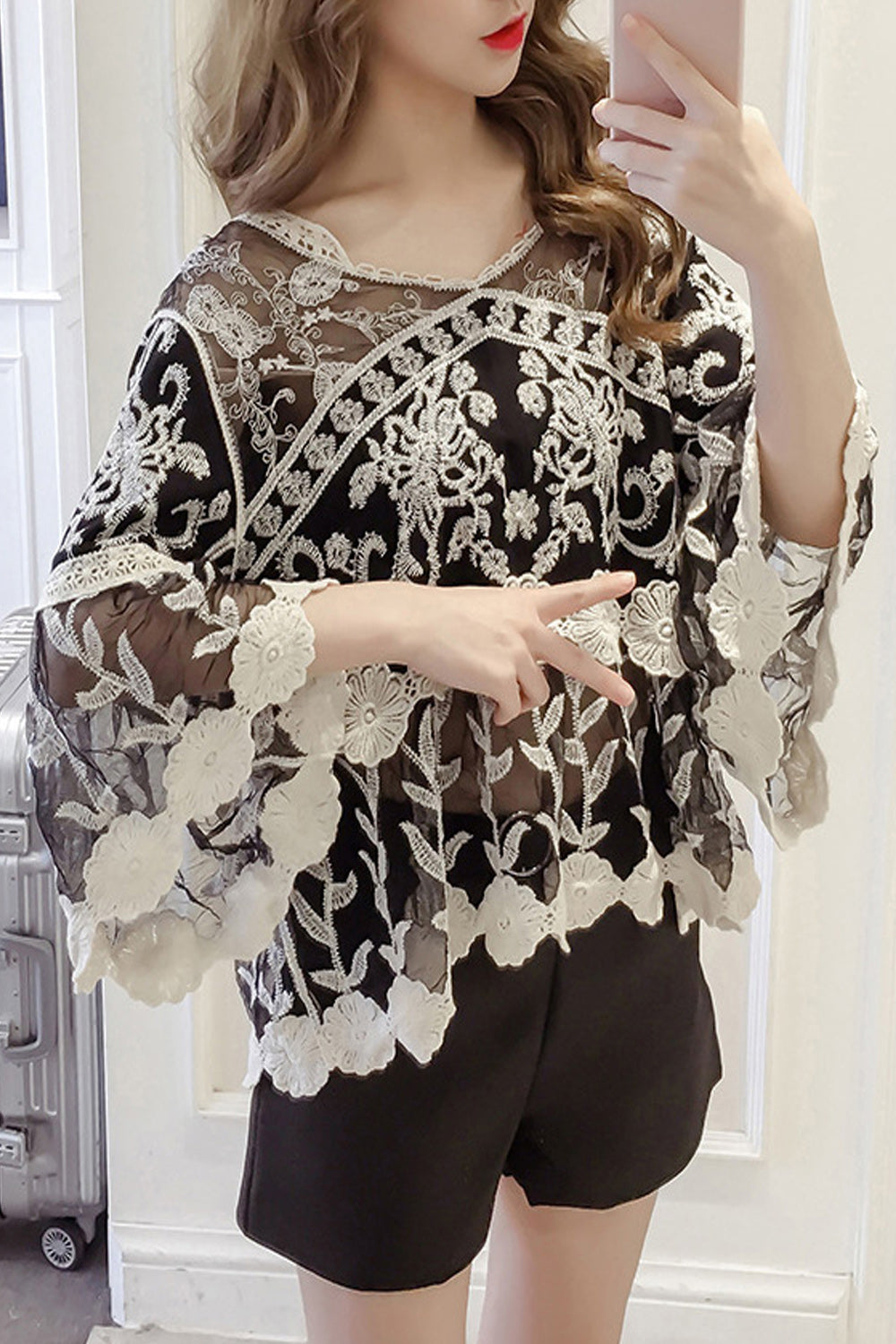 Women Flower Embroidered Trumpet Sleeve Beach Cover-Up