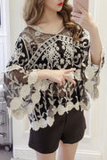 Women Flower Embroidered Trumpet Sleeve Beach Cover-Up