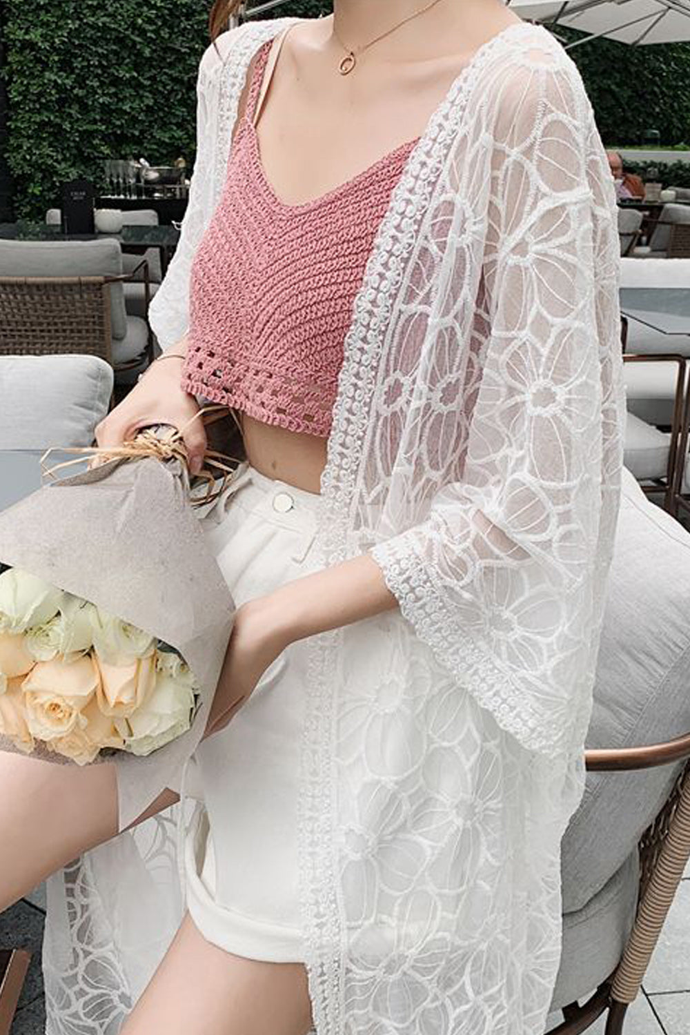 Women Pretty Hollow Lace Solid Colored Beach Cover-Up