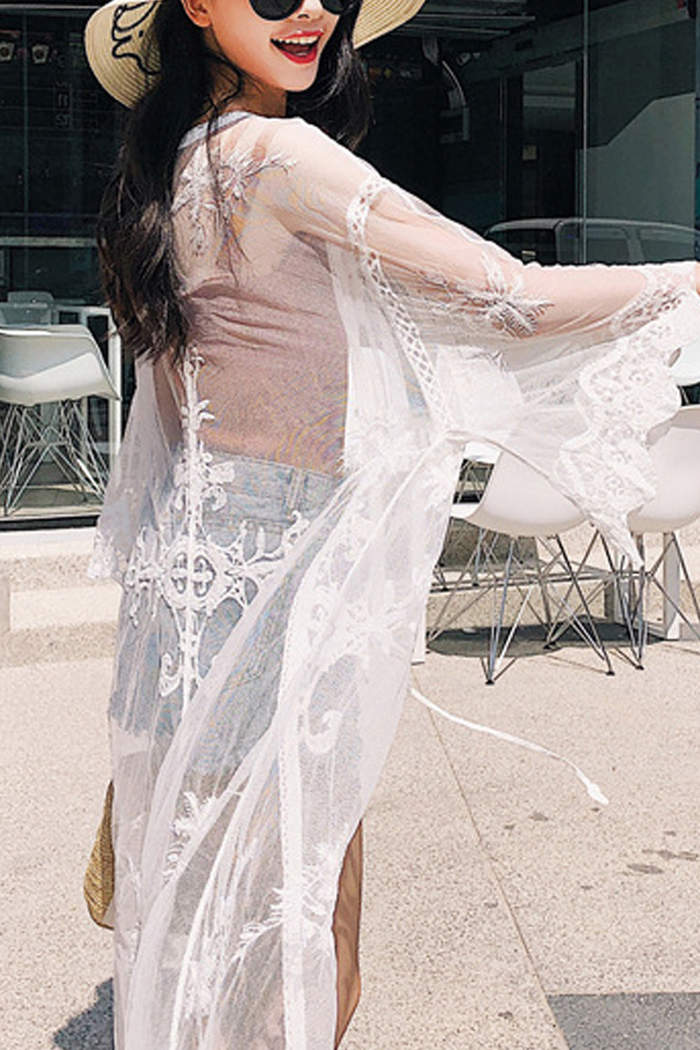 Women Pretty Embroidered Long Sleeve Breathable Cover-Up