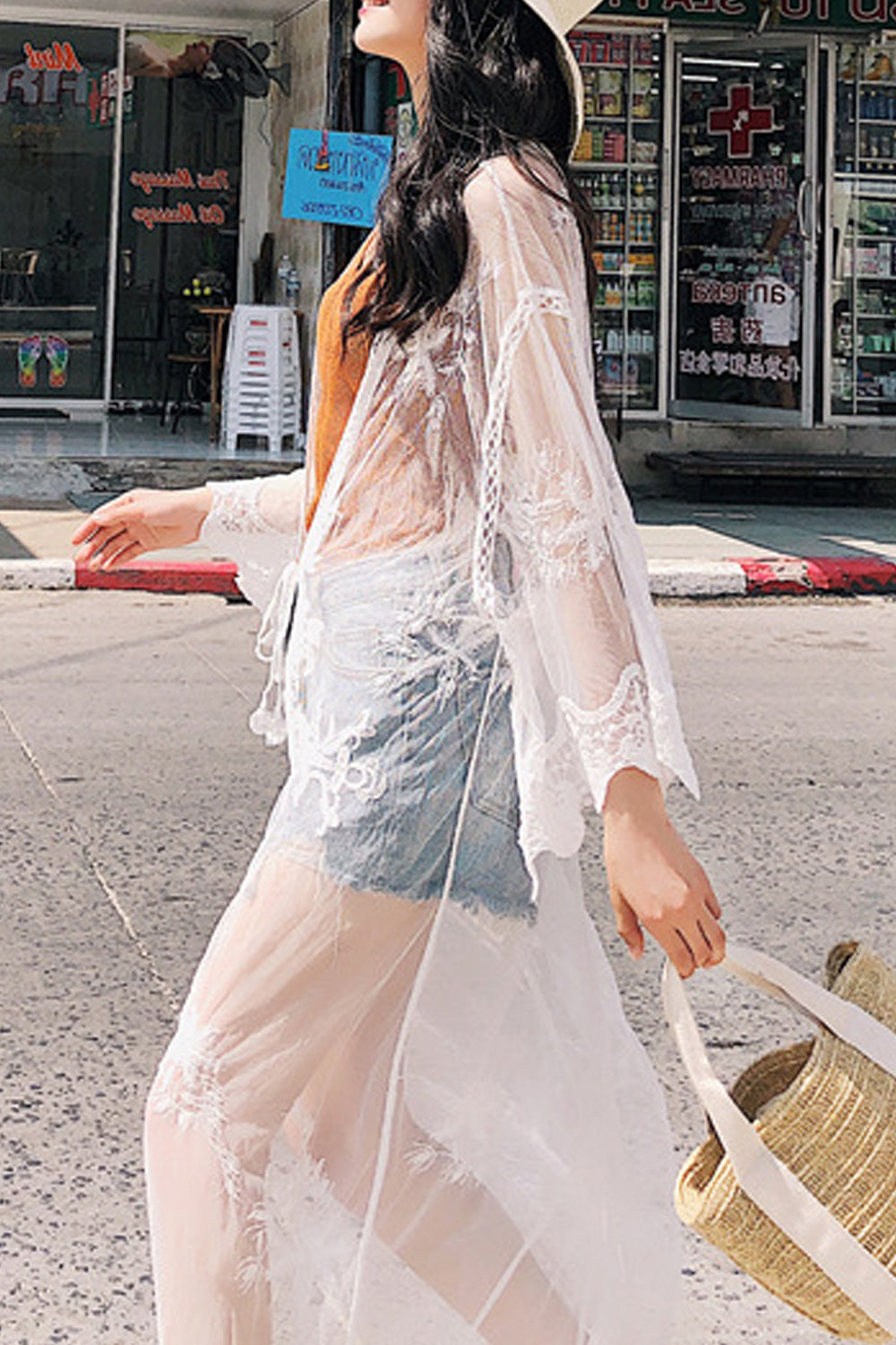 Women Pretty Embroidered Long Sleeve Breathable Cover-Up