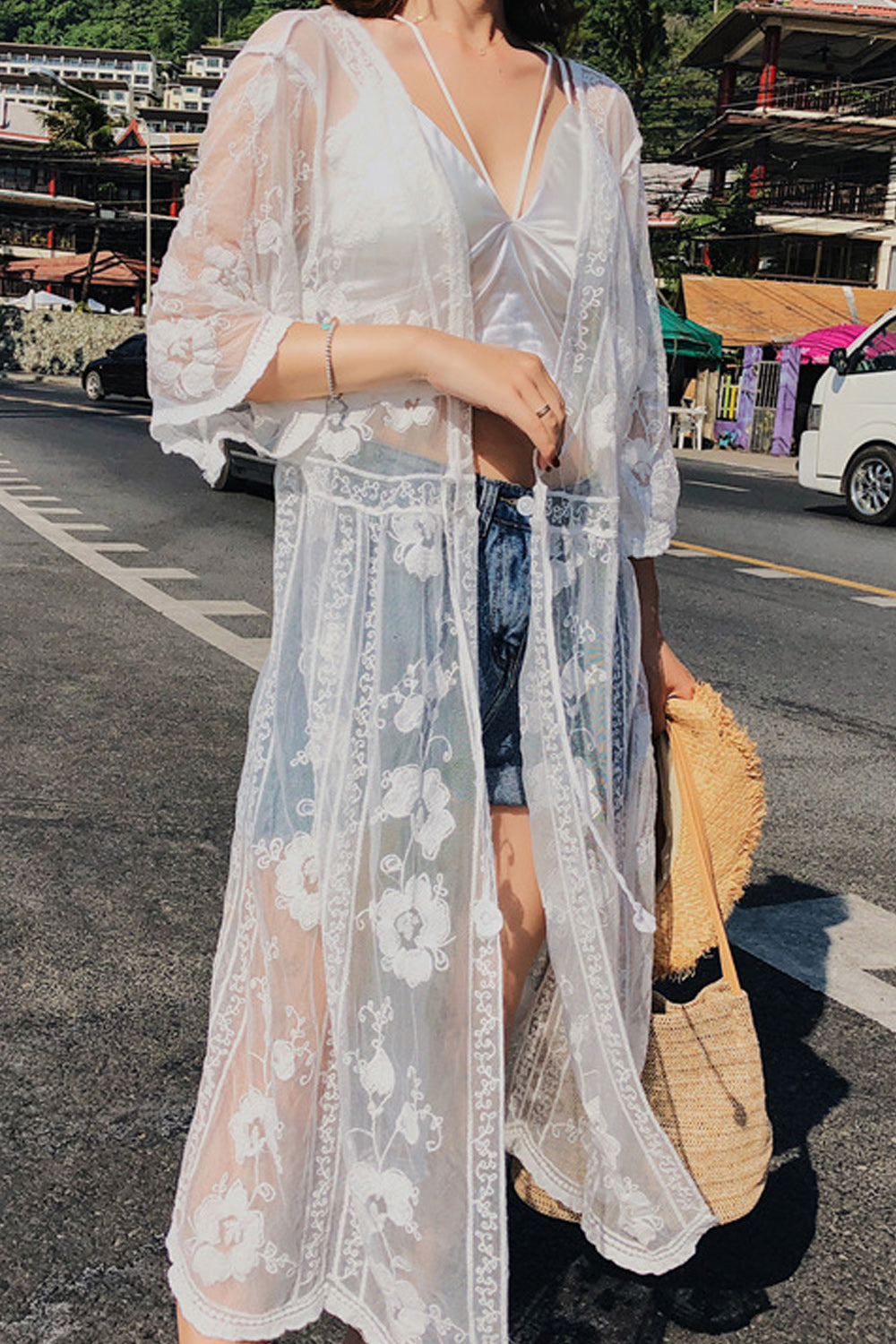 Women Half Sleeve Beautiful Embroidered Lace Beach Cover-Up