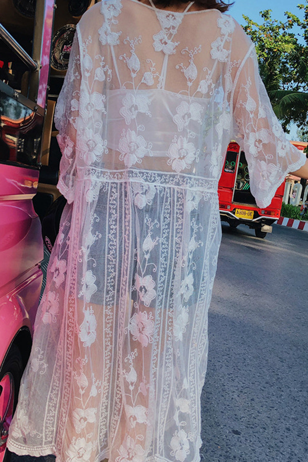 Women Half Sleeve Beautiful Embroidered Lace Beach Cover-Up